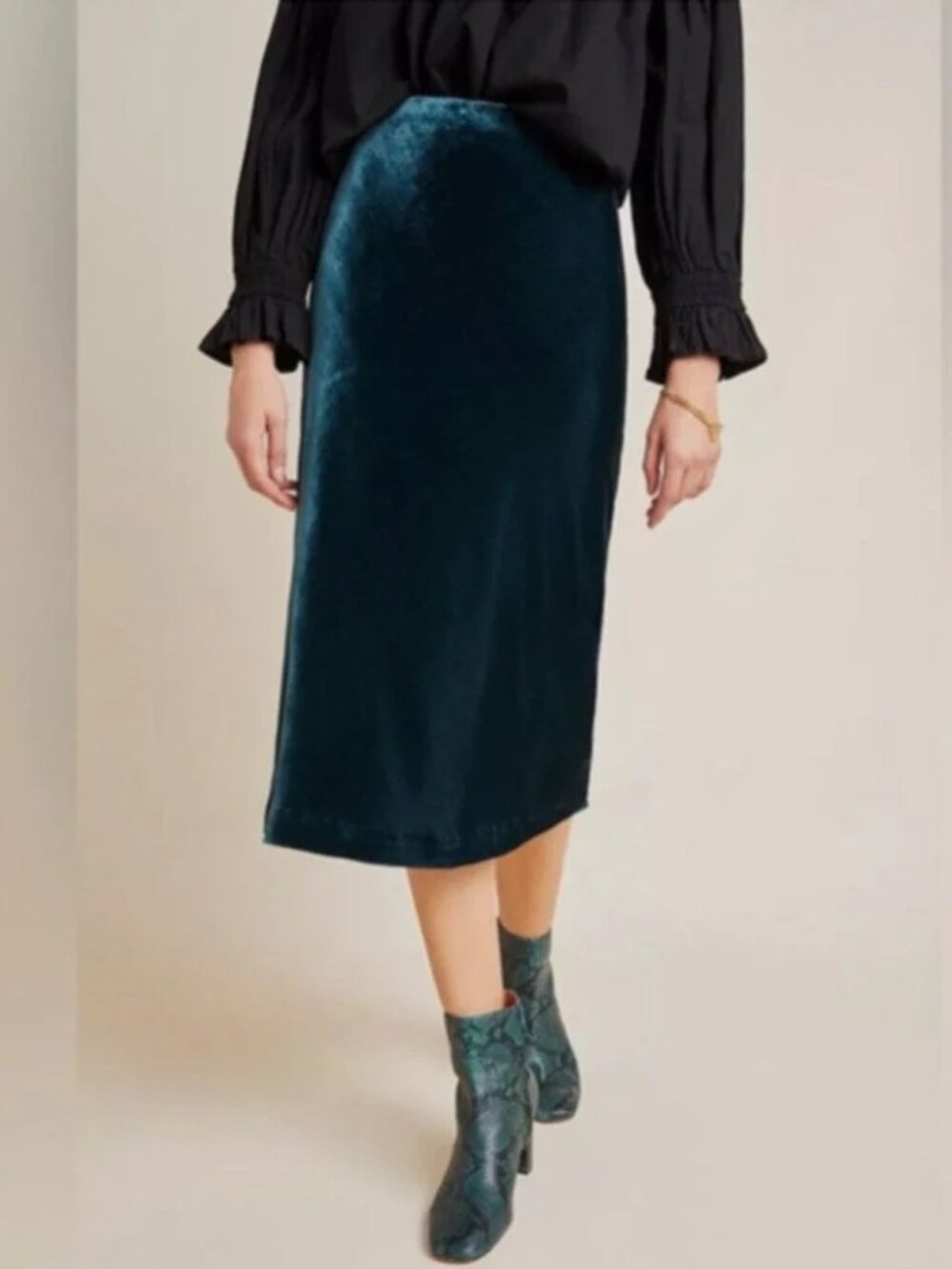 Anthropologie Maeve Kelly Velvet Pull-On Midi Skirt Teal Blue Green Lined